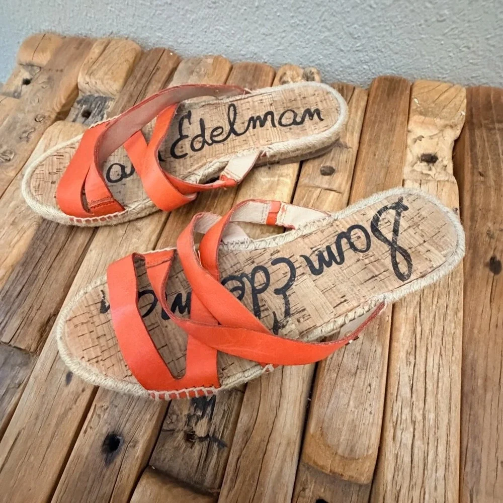 Sam Edelman Averie Orange Leather Strappy Espadrille Slide Sandals Womens 8.5M
